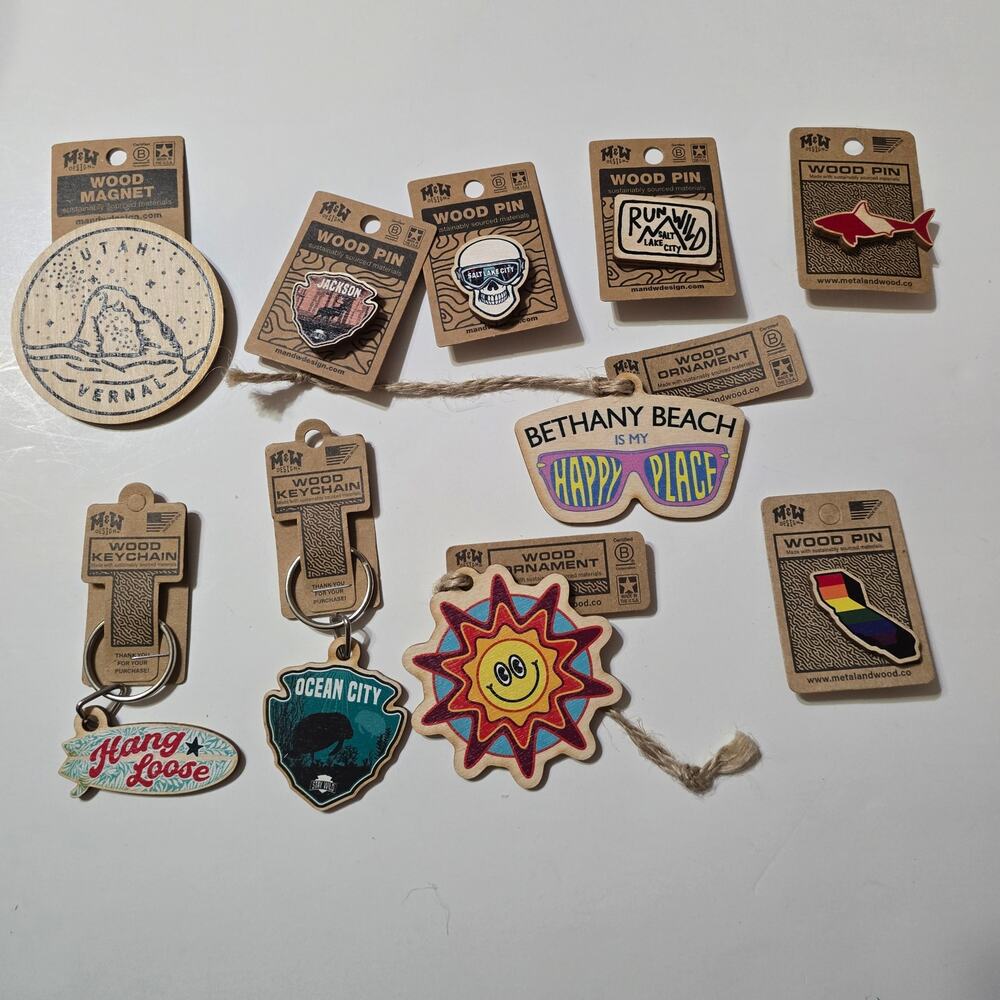 Metal and Wood Co Wood Pin Keychain Travel Lot Vernal Jackson SLC CA Ten Pieces